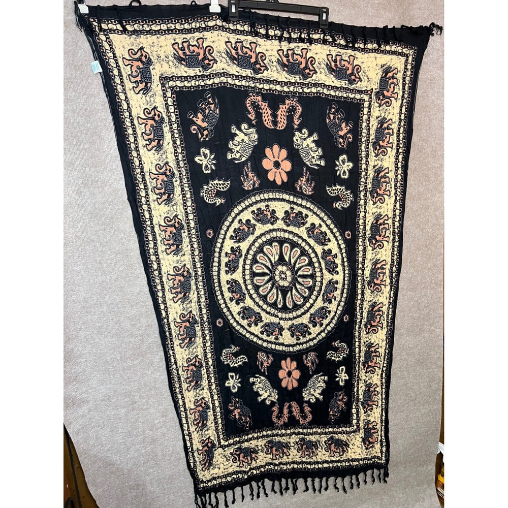 Peaceful People Elephant Mandala Tapestry Wrap Scarf OS Black Rayon Boho Chic